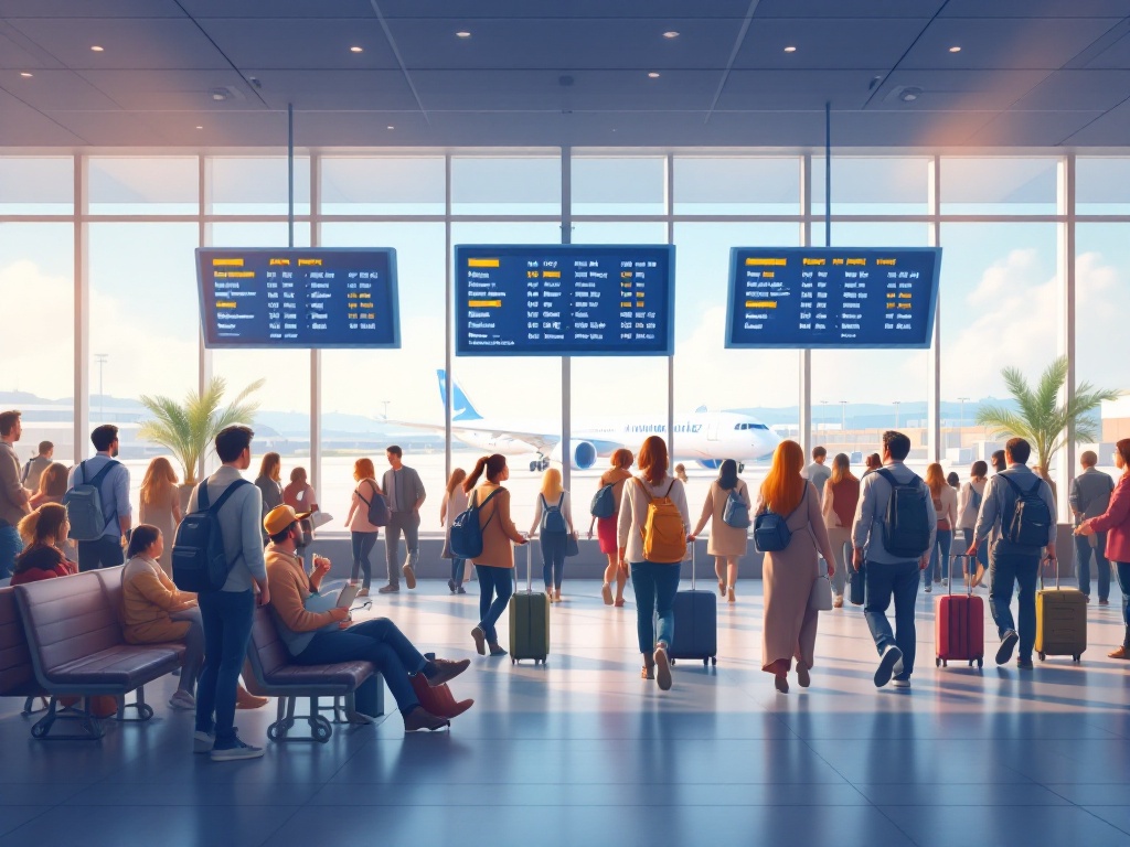 Airport transit area with flight information board