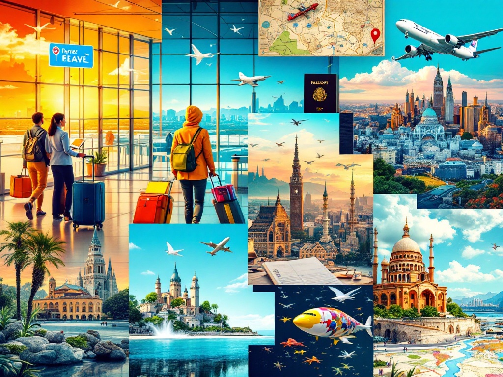 Collage of travel purposes: tourism, business meeting, airport transit