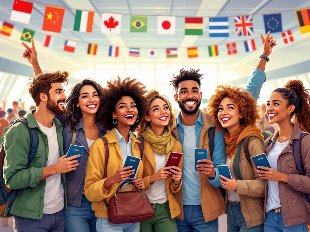 Diverse group of travelers with passports