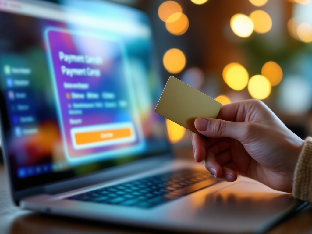 Hand holding credit card in front of a laptop screen showing payment page